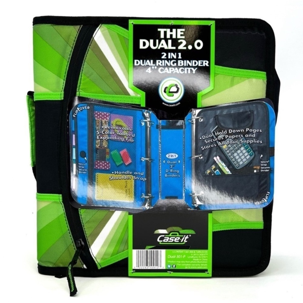 Case-It The Dual 2.0 Three Ring Zip Binder Green Black Handle Strap Neon New NWT